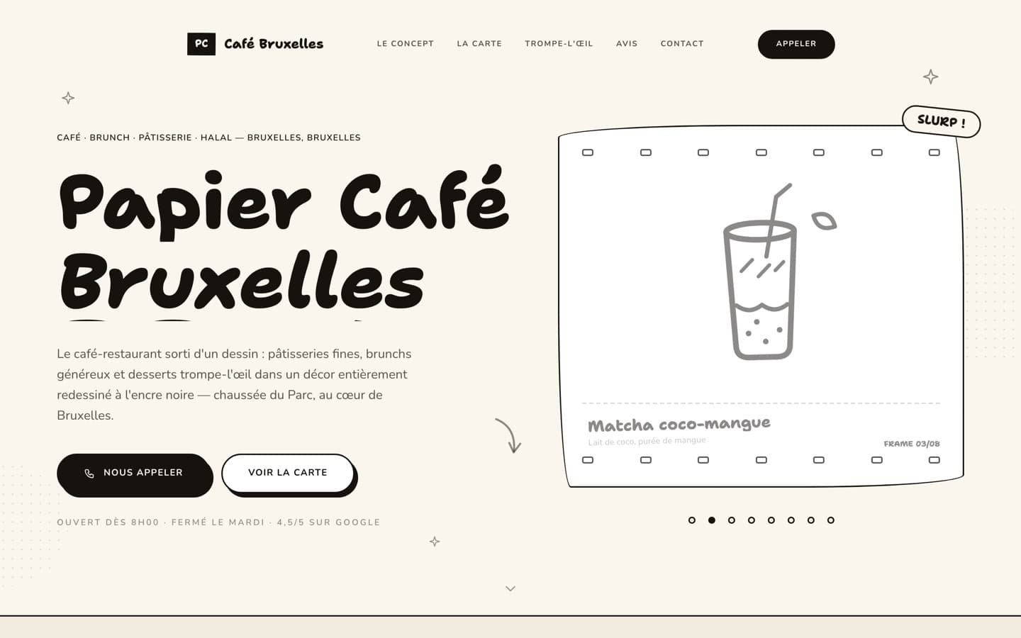 Maquette de site pour un café bruxellois : illustrations à l'encre noire, typographie ronde, carte animée.